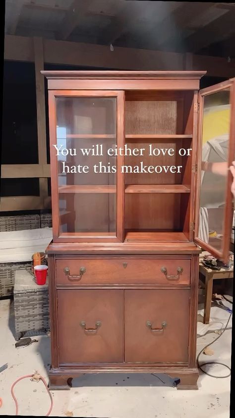 Michelle McRae | “Shelly” Your DIY BFF | DETAILS 👇🏽 This vintage china cabinet was an estate sale find. It was beautiful, but it was dated. After stripping the wood, a paint wash… | Instagram Corner China Cabinet Makeover, Refinished China Cabinet, Mid Century Modern China Cabinet, Repurposed China Cabinet, China Hutch Makeover, Vintage China Cabinet, China Cabinet Redo, Repurposed China, Diy Bff