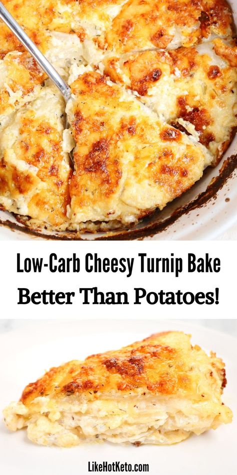 Keto scalloped turnips au gratin with a golden brown crust of Gruyere cheese. Turnips Au Gratin, Scalloped Turnips, Cheesy Potato Bake, Low Carb Potatoes, Turnip Recipes, Scalloped Potato, Potato Bake, Cheesy Potato, Low Carb Sides