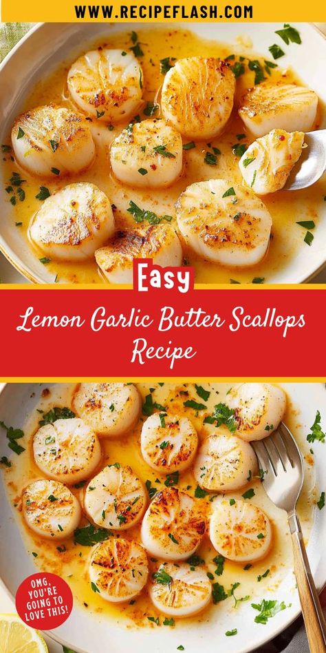 Looking for a quick and elegant seafood dish? Our Lemon Garlic Butter Scallops Recipe brings restaurant-quality flavors right to your kitchen! Impress your guests and elevate your dinner with this delicious scallops idea. Save this recipe for your next special occasion or weeknight treat! Easy Baked Scallops, Easy Scallops Recipe Simple, Baked Scallops Healthy, Cooking Scallops From Frozen, How To Cook Bay Scallops, How To Cook Scallops In Oven, Cooking Frozen Scallops, Saute Scallops Recipe, How To Cook Frozen Scallops