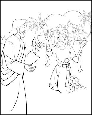 Sunday School Coloring Page - Jesus and the Ten Lepers Sunday School Coloring Pages, Bible Story Crafts, Preschool Coloring Pages, Preschool Bible, School Coloring Pages, Jesus Heals, Bible Coloring Pages, Sunday School Activities, Church Crafts