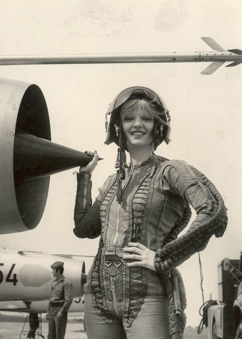 Yugoslav model and actress Mila Vujanović poses with a MiG-21 (1967). Mig 21, Warsaw Pact, Female Pilot, Military Girl, Boeing 777, Jessica Biel, Fighter Pilot, Amy Adams, Nose Art