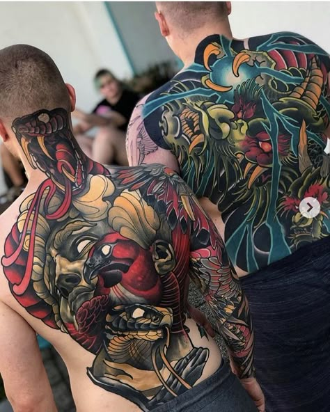 Neo Traditional Back Piece, Traditional Back Piece, Tattoo Boy, Tattoo Tutorial, Geniale Tattoos, Full Body Tattoo, Lower Abdomen, Japanese Tattoo Designs, Back Piece