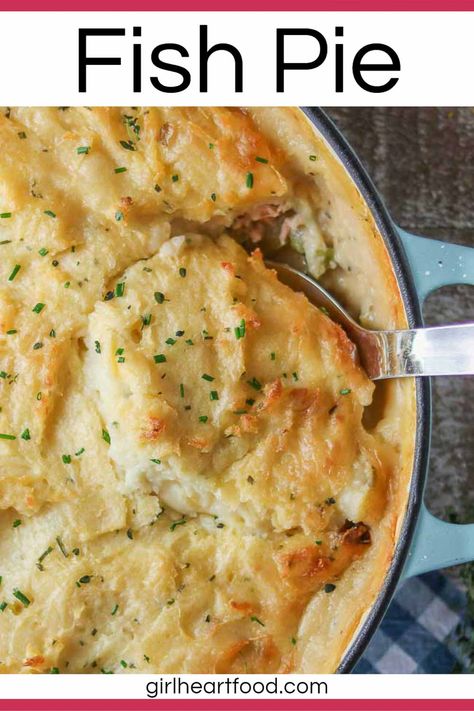 This simple fish pie has both cod and salmon, plenty of vegetables, and is topped with cheesy mashed potatoes. So comforting and so delicious! #fishpierecipe #bestfishpie #seafoodpie #easyfishpie #creamyfishpie #simplefishpie #fishpiewithpotatoes #howtomakefishpie #seafoodrecipe #cheesymashedpotatoes #sundaysupper Creamy Fish Pie, Fish Pie Recipe, Recipe With Potatoes, Fish Casserole, Lent Recipes, Cheesy Mashed Potatoes, Fish Pie, Easy Seafood, Shellfish Recipes