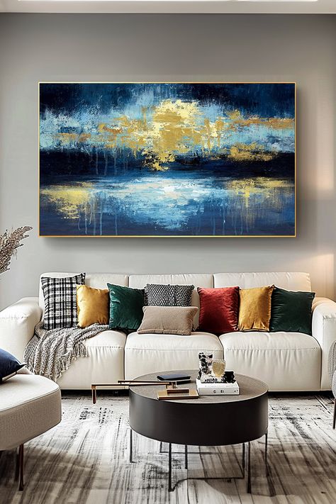 Original handmade blue and gold abstract painting with textured brushstrokes and golden accents, reflecting a dreamy water landscape Painting Textured Walls, Transitional Decor, Blue And Gold, Abstract Wall, Abstract Wall Art, Textured Walls, Art Original, Modern Contemporary, Focal Point