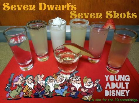 Young Adult Disney: Seven Dwarfs Seven Shots #sevendwarfsminetrain Adult Disney Party, Disney Alcoholic Drinks, Nerdy Recipes, Disney Inspired Cocktails, Disney Cocktails, Disney Date, Disney Inspired Food, Disney Drinks, Seven Dwarfs Mine Train