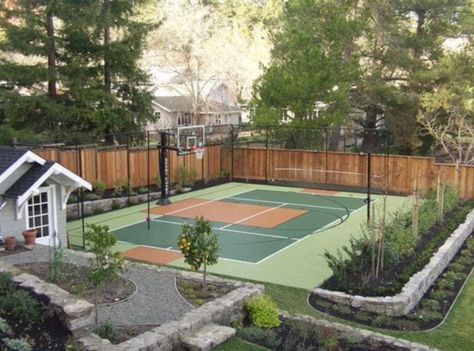 Backyard Tennis Court, Tennis Court Backyard, Outdoor Sports Court, Backyard Court, Home Basketball Court, Basketball Court Backyard, Backyard Sports, Backyard Basketball, Outdoor Basketball Court