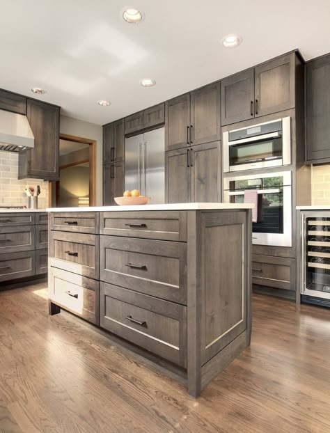 Thoughtful, handsome kitchen remodel, newly reconfigured with chef-friendly working spaces. A current, classic palette of alder gray stained cabinetry, soft white quartz countertops and hand glazed backsplash tile. High quality details in the center island, premium built-in European appliances, and LED under cabinet lighting. Construction & Design by Steven Ray Construction, Inc. Steven Ray, Modern Farmhouse Kitchen Cabinets, Custom Kitchen Remodel, Rustic Farmhouse Kitchen Cabinets, Серая Кухня, Rustic Kitchen Cabinets, Gray Cabinets, Farmhouse Kitchen Cabinets, Decor Ikea