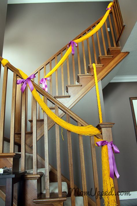 Rapunzel hair down the stairs  http://www.momupped.com/rapunzel-tangled-party.html Tangled Theme Party Food, Rapunzel Birthday Party Decorations Diy, Tangled Prom Decorations, Tangled Diy Decorations, Tangled Decorations Party, Tangled In Our Memories Prom Theme, Tangled Bachelorette Party, Tangled Themed 18th Birthday, Tangled Hoco Theme