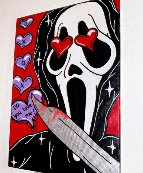 Ghostface Painting Cute, Ghostface Drawing Cute, Ghostface Painting Easy, Ghost Face Canvas Painting, Spooky Canvas Painting Ideas, Ghostface Painting, Random Painting Ideas On Canvas, Painting Ideas On Canvas Halloween, Halloween Paintings On Canvas