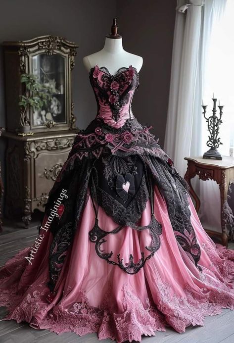 Prom Dress Pink And Black, Monster High Prom Dresses, Draculaura Prom Dress, Black And Pink Goth Wedding, Pink And Black Formal Dress, Vampire Quinceanera Dress, Goth Sweet 16 Dress, Black Pink Fashion Outfit Ideas, Corset Ball Gowns Vintage