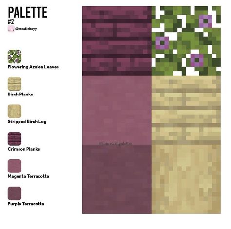 Minecraft Building Ideas Purple, Cherry Wood Color Palette Minecraft, Minecraft Houses Purple, Purple Minecraft House, Minecraft Colour Palette, Minecraft Color Palette, Minecraft Pallets, Purple Minecraft, Block Pallets