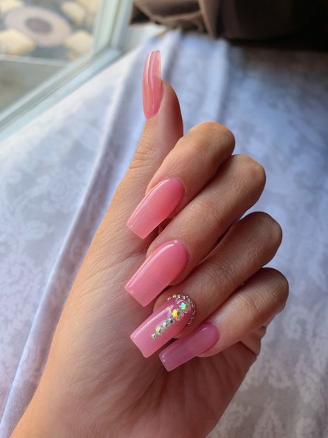 Solid Color Acrylic Nails With Gems, Gel Nails Full Set, Pale Pink Nails Acrylic Design, Translucent Pink Nails With Design, Solid Pink Nails With Rhinestones, Nails With Pink Acrylic Powder, Short Acrylic Nails Solid Color Simple, Clear Pink Acrylic Nails With Diamonds, Gel Pink Nails Acrylic