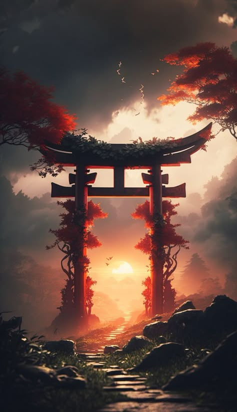 Delight in this mesmerizing illustration of a Torii Gate adorned with red leaves spiraling up its frame, set against the backdrop of a tranquil wooded walkway at sunset. Lose yourself in the captivating blend of Japanese culture, Shinto shrines, and nature's elegance, portrayed in vivid oranges, reds, and yellows. #ToriiGate #Japan #Sunset #Nature #Red Art Vangogh, Cool Digital Art, Japanese Culture Art, Japanese Art Samurai, Samurai Wallpaper, Japan Landscape, Torii Gate, Samurai Artwork, Dream Painting