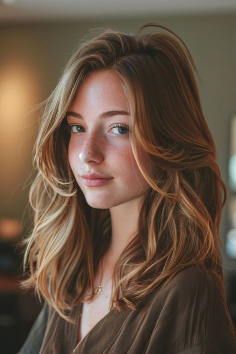 Young woman with freckles and long wavy hair smiling slightly and looking at the camera. Haircuts 2024 Medium Hair, Thick Face Framing Layers, Hair Lengths For Face Shape Round, Haïr Cut For Fat Face, Haircut For Heart Shaped Face Medium, Trendy Teen Haircuts, Teenager Haircut, Haircut For Heart Shaped Face, Side Part Mid Length Hair