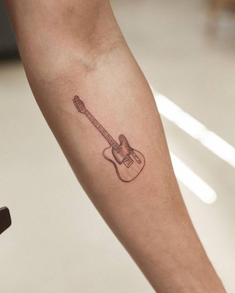 Line Guitar Tattoo, Fine Line Guitar, Related Tattoos, Flower Tat, Father Tattoos, Guitar Tattoo, Tattoo Inspiration Men, Inner Forearm, Music Tattoo