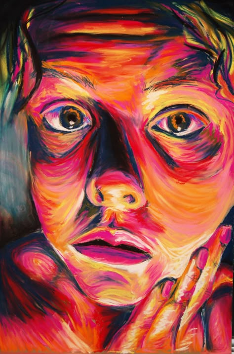 Ashley Cyborski; Soft Pastel self-portrait Coloured Face Drawing, Colourful Portraits Drawing, Expressive Color Art, Abstract Person Art, Expressive Portrait Art, Color Theory Portrait, Oil Pastel Face Portraits, Colourful Portraits Painting, Expressive Self Portrait