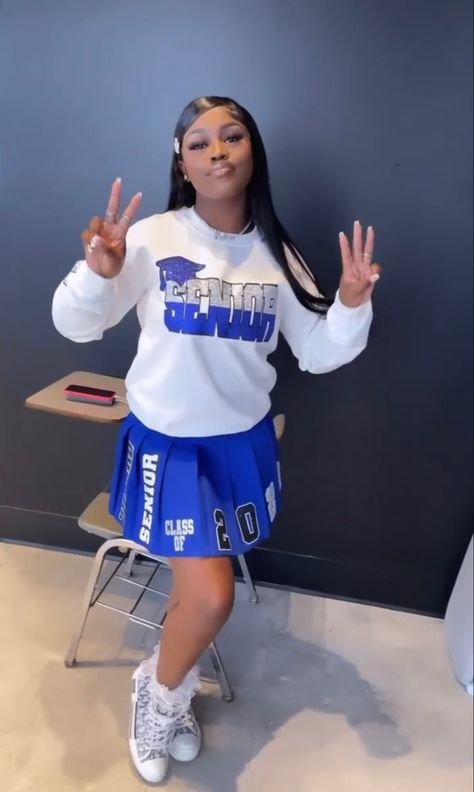 Senior Skirt And Sweatshirt, Cute Graduation Outfits High School, Custom Senior Outfits Skirt, Class Of 2023 Outfit Ideas, Class Of 2024 Senior Outfits, Senior Clothing Ideas, Last First Day Of School Senior Year Outfits, Class Of 2024 Outfit Ideas, Senior Signing Day Outfit