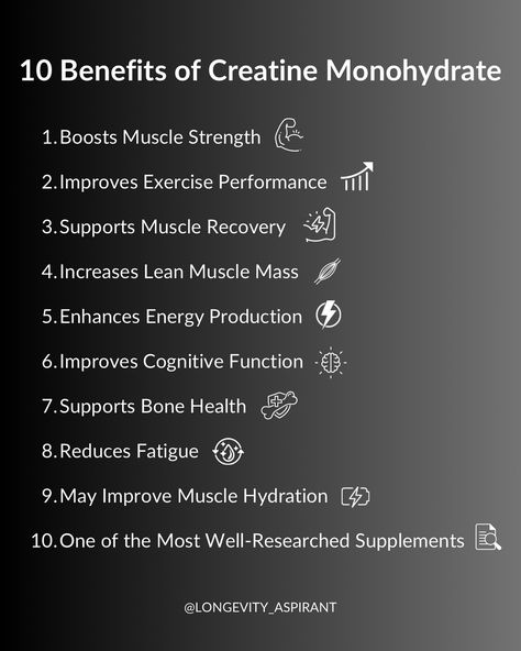 💪 10 Benefits of Creatine Monohydrate 🏋️‍♂️ Did you know creatine monohydrate is one of the most well-researched supplements out there? 📚 Studies consistently show it offers numerous benefits, from boosting muscle strength to improving cognitive function. Whether you’re an athlete, fitness enthusiast, or just looking to enhance your overall health, creatine can be a game-changer. 🙌 👉 Recommended daily dose: 3-5 grams for most people. Consistency is key to unlocking its full potential! 🔑 Ha... Benefits Of Creatine Monohydrate, Creatine Monohydrate Benefits, Creatine For Women Benefits, Creatine Benefits, Interesting Health Facts, Wellness Motivation, Creatine Monohydrate, Improve Cognitive Function, Consistency Is Key