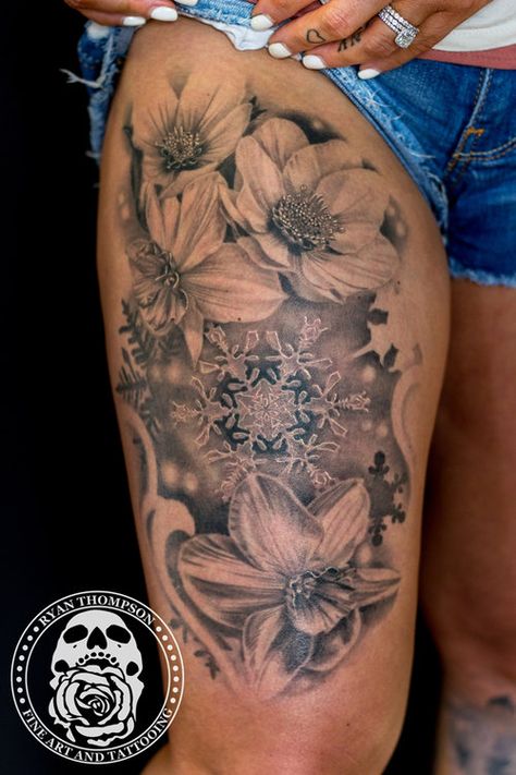 Nikki's Snowflake and Flowers Thigh — Ryan Thompson Fine Art and Tattooing Floral Snowflake Tattoo, Snowflake And Flower Tattoo, Sun Snowflake Tattoo, Snowflake Tattoo Black, Snowflake Mandala Tattoo, Detailed Snowflake Tattoo, Snow Flake Tattoo, Flower Thigh Tattoos, Heart Tattoo Designs