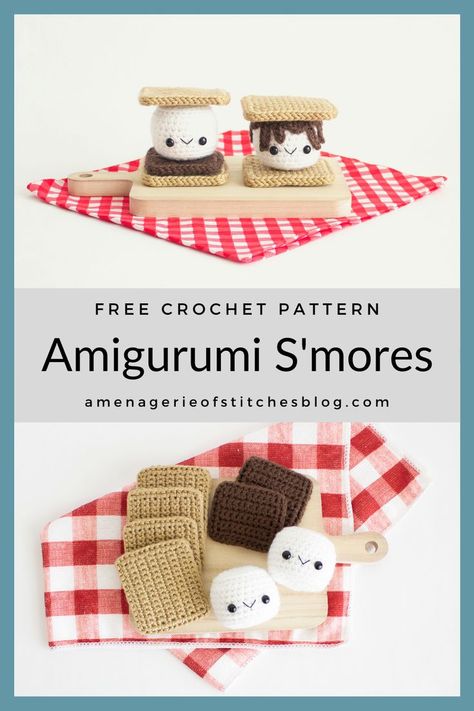 Let's crochet s'mores! Making this super sweet and tasty treat is a favorite summertime activity and today we're going to indulge and make a few crocheted versions! This FREE amigurumi crochet pattern teaches you how to make this adorable treat. With step-by-step photos and a full written tutorial, you'll be making these faster than it takes to start that campfire! ****This full crochet pattern is free on my blog www.amenagerieofstitchesblog.com **** Round Amigurumi Free Pattern, Camping Crochet Patterns, S'more Crochet Pattern, 2d Crochet Patterns, Beginner Friendly Crochet Patterns, Crochet Mini Food, Crochet Poptart Free Pattern, Free Food Crochet Patterns, Free Mini Amigurumi Patterns