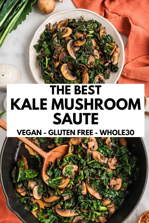 Balsamic kale mushroom sauté is packed with flavor, easy to make and ready in 10 minutes. The ultimate side dish, this balsamic kale mushroom recipe is great for breakfast, brunch, lunch or dinner. Gluten free, dairy free, vegan, Whole30, paleo and low carb friendly. Mushrooms And Kale Recipes, Kale Mushrooms Recipes, Kale Mushroom, Sauteed Kale And Mushrooms, Breakfast Kale Recipes, Kale And Mushroom Recipes, Kale And Mushroom, Mushroom Kale, Recipe With Kale