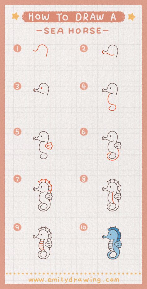 Illustration Sea Animals, How To Draw A Seahorse Easy, How To Draw A Seahorse Step By Step, How To Draw Seahorse, Sea Horses Drawing, How To Draw Starfish, How To Draw Sea Creatures Step By Step, Seahorse Drawing Simple, How To Draw A Seashell