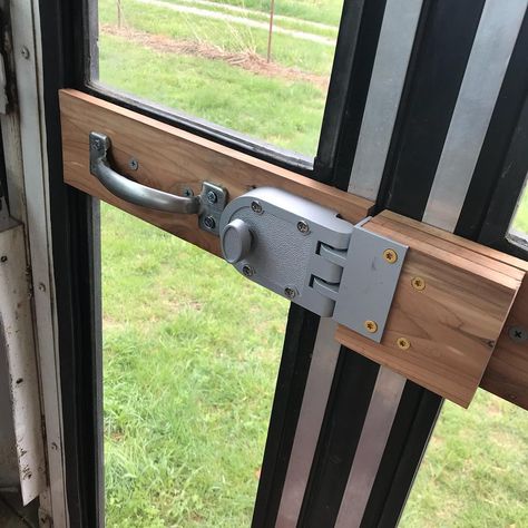 Busing It Homestead on Instagram: “Finally got around to installing a keyed lock on the front door! No more climbing through the back of the bus. #skoolie” Skoolie Drawer Latch, Bus Door Conversion, Skoolie Door Ideas, Skoolie Accessories, Skoolie Door, Skoolie Layout, Shuttle Bus Conversion, Skoolie Ideas, Bus Remodel