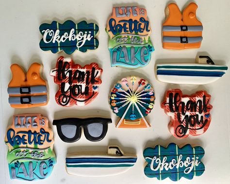 Boating Cookies Decorated, Lake House Cookies Decorated, Lake Cookie Ideas, Lake Theme Cookies Decorated, Boat Cookies Decorated, Lake Decorated Cookies, Boat Cookies, 50th Birthday Themes, Lake Theme