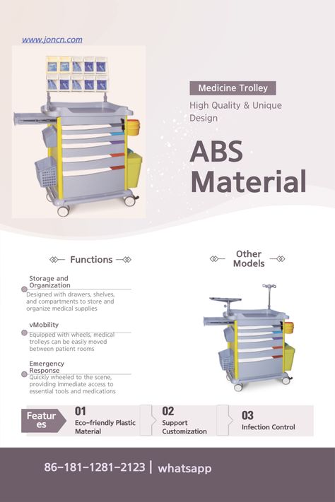 The AT-750J77A Medical ABS Medication Cart is a specialized medical trolley designed for use in hospitals, clinics, and other healthcare settings. It is particularly useful for medication management, emergency response, and anesthesia procedures. Medical Trolley, Medication Management, Infection Control, Emergency Response, Friendly Plastic, Medical Equipment, Abs Material, Medical Supplies, Storage And Organization