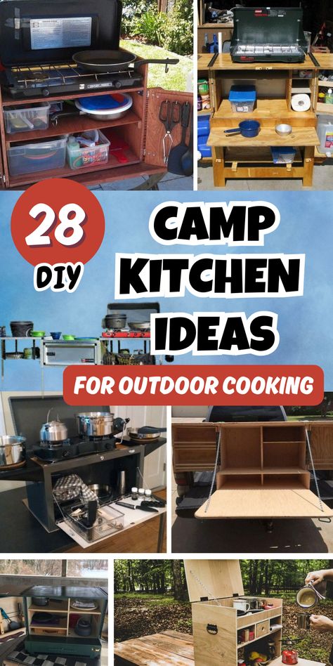 Make outdoor cooking a breeze with these functional and creative camp kitchen setups. Seasonal Campsite Outdoor Kitchen, Diy Camp Kitchen Ideas, Diy Chuck Box Camping, Camp Kitchen Diy, Camp Kitchen Box Plans, Outdoor Camping Kitchen Ideas, Off The Grid Kitchen, Diy Camping Kitchen, Diy Camp Kitchen