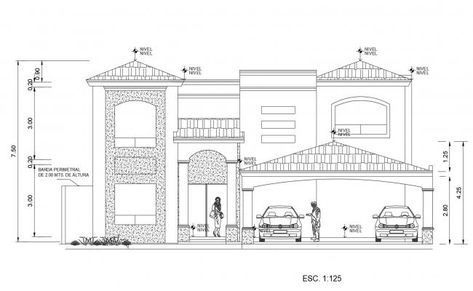 Drawing of the house design with elevation in AutoCAD which provide detail of front elevation, detail of doors and windows, detail of car parking, etc. Building Elevation Drawing, Front Elevation Drawing, Small House Blueprints, Elevation Plan, Elevation Drawing, Interior Architecture Drawing, Building Layout, Types Of Architecture, Building Elevation