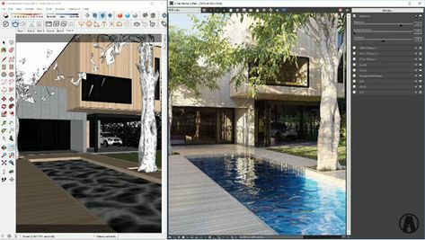 Vray Sketchup Render Interiors, V Ray Render Sketchup, Portrait Architecture, Vray Tutorials, 3ds Max Tutorials, Box House, Exterior Rendering, Rectangular Pool, Architectural Sketch