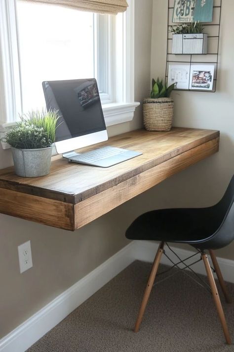 "Transform any room into a productive space with a DIY Floating Desk! 🛠️💻 A great solution for small spaces and modern decor. 🌟✨ #FloatingFurniture #DIYHome #WorkspaceIdeas" Floating Top Desk, Floating Desk Under Window, Diy Hideaway Desk, Shelf Desk Diy, Tiny Office Desk, Simple Desk Ideas, Diy Murphy Desk, Floating Shelf Desk, Corner Floating Desk