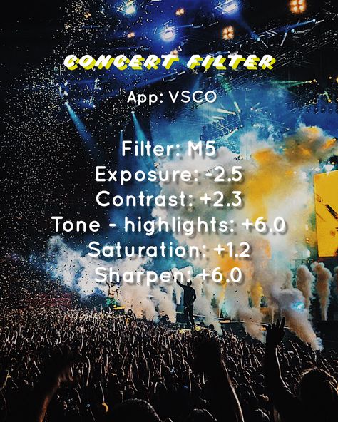 #vsco #vscocam #vscoedit #vscofilters #concert #concertband #aesthetic #aestheticedits #concertaesthetic Concert Filter, Edit Concert Photos, Editing Concert Photos, Vsco Filter For Night Pictures, Concert Photo Editing, Vsco Night Edit, Concert Photography Edits, Concert Photo Ideas Instagram, Concert Instagram Pictures