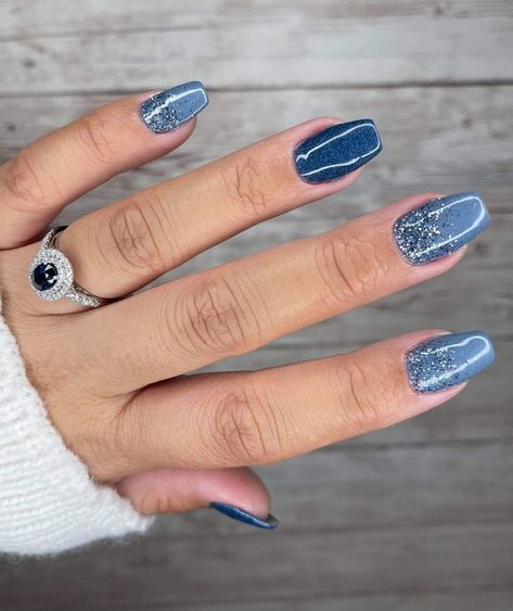 Dip Powder Nails Blue And Silver, White Line Nail Art Designs, Denim Blue Pedicure, Winter Nails 2023 Blue, Nail Colors For December, Denim Nail Color, Winter Nails Blue Silver, Blue Nails Winter Sparkle, January Nail Designs Blue