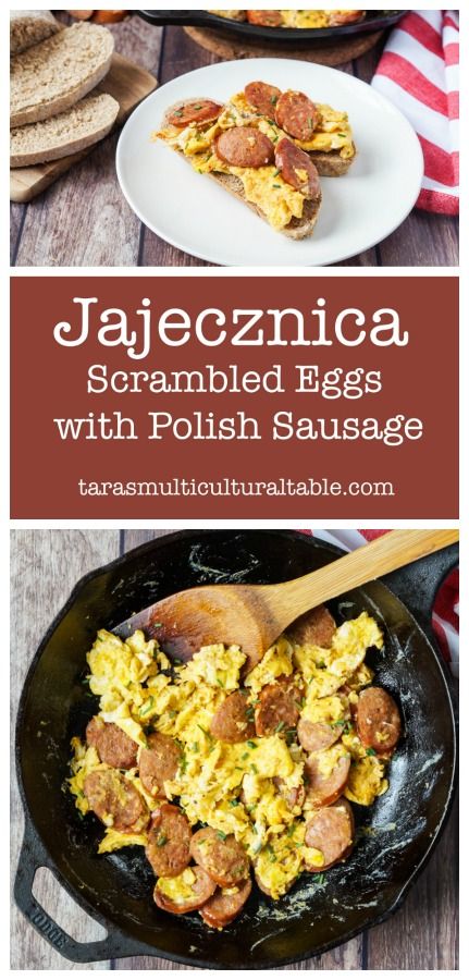 Jajecznica (Scrambled Eggs with Polish Sausage) on slices of bread and in a cast iron skillet. Polish Breakfast Traditional, Polish Sausage Breakfast Recipes, Polish Breakfast Recipes, Polish Meals, Scrambled Egg Recipes, Poland Recipes, Polish Breakfast, Polish Sausage Recipes, Bite Size Breakfast