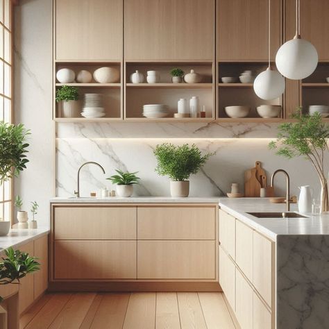 Japandi Kitchen Japanese Style Kitchen Modern Minimalist, Japandi Kitchen Dining, Japandi Kitchen Tiles, Japandi Galley Kitchen, Kitchen Japandi Style, House Design Modern Minimalist, Japandi Interior Design Kitchen, Zen Kitchen Design, Designing Aesthetic