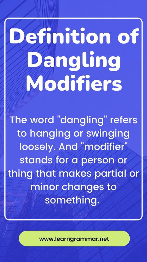 The word "dangling" refers to hanging or swinging loosely. And "modifier" stands for a person or thing that makes partial or minor changes to something. #englishgrammar #english #learnenglish #englishvocabulary #englishteacher #grammar #vocabulary Modifiers Grammar, Dangling Modifiers, Misplaced Modifiers, Grammar Vocabulary, Different Words, Writing Words, English Teacher, English Grammar, English Vocabulary