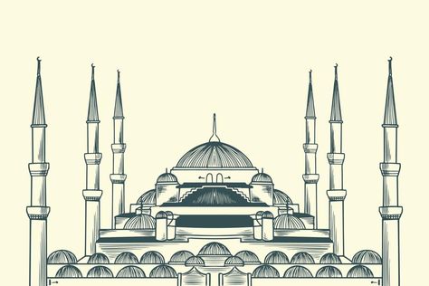 Blue Mosque Drawing, Sketch Islamic, Islamic Building, Mosque Drawing, Hand Drawing Sketch, The Blue Mosque, Blue Mosque, House Architecture, Drawing Easy