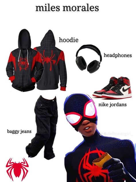 Miles Morales Spiderman Costume Diy, Homemade Spider Man Costume, Miles Morales Costume Women, Miles Morales Costume Girl, Diy Miles Morales Costume, Miles Morales Clothes, Spiderverse Costumes, Miles Morales Outfit Ideas, Miles Morales Inspired Outfit