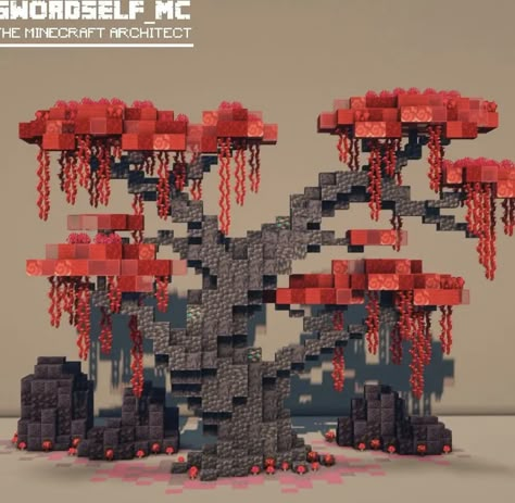 Fantasy Trees Minecraft, Minecraft Ghost Build, Dark Fantasy Minecraft, Nether Tree Minecraft, Red Minecraft Builds, Minecraft Horror Builds, Minecraft 1.20 Builds, Minecraft Tree, Minecraft Statues