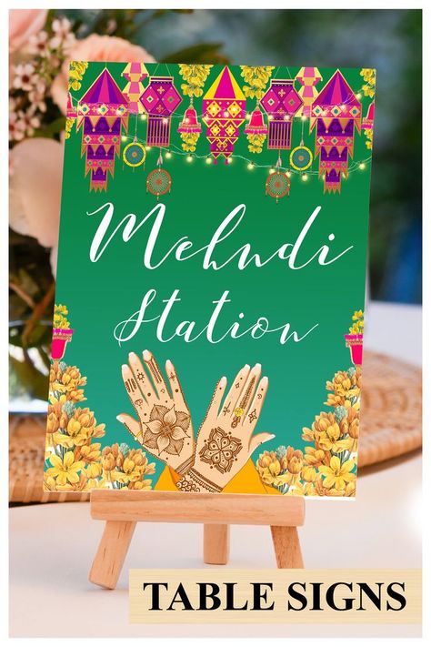 This beautiful Henna station sign or Indian wedding decor sign with mandala, from our Ethnic Fusion collection, lovingly created by us, is for those who would like to leave, not only a subtle, but also an impactful impression on their guests!

This DIY Henna station signs template or Jaggo decor as Dholki decoration, a fusion invite in traditional elegance, is complemented with indian colours & motifs, perfect for your Mehendi decoration Henna Stall Decoration Ideas, Mehndi Function Decoration At Home, Wedding Props Indian, Dholki Decoration, Mehndi Decor At Home, Mehndi Decoration Ideas At Home, Henna Station, Stationary Design Inspiration, Decoration Indian Wedding