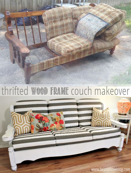 from old and falling apart to new and snazzy - a vintage, wood frame couch makover that cost around $50 | Bean In Love blog Wood Frame Couch, Couch Makeover, Old Couch, Furniture Rehab, Diy Furniture Couch, Refurbished Furniture, Couch Furniture, Furniture Restoration, Flipping Furniture