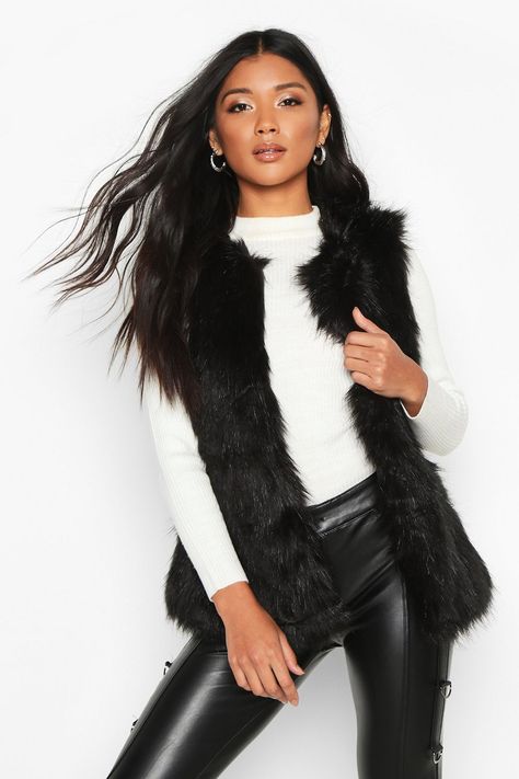 Faux Fur Gilet | boohoo Black Fur Vest Outfit, Fur Vest Outfits, Black Fur Vest, Winter Date Night Outfits, Faux Fur Gilet, Fur Gilet, Faux Fur Vest, Faux Fur Vests, Vest Outfits