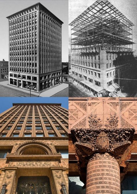 The completion of the experiments was the Guaranty Building in Buffalo (1894-1895). Divisions of the vertical mass of the building strictly correspond to its function. On the ground floor, the supports of the supporting frame of the building are exposed. Above the second floor, where the offices begin, the rhythm of the walls becomes twice as frequent, emphasizing the overall vertical direction of the composition. Guaranty Building, Louis Sullivan, Commercial Buildings, Flat Roof, Small Office, On The Ground, The Building, Store Fronts, Second Floor