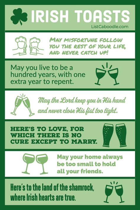 Enjoy these famous Irish toasts and cheers at weddings, birthdays, retirement parties, St Patty's Day, or any celebration. #IrishToasts #StPatricksDay #DrinkingToasts #WeddingToasts Irish Drinking Quotes, Irish Wedding Toast, Irish Blessing Quotes, Ireland Facts, Funny Toasts, Irish Toasts, Irish Cheers, Irish Words, Irish Proverbs