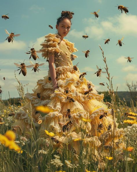 Queen Bee 🐝 : an eco-friendly clothing concept that turns your dress into a home for bees Still thinking about Spring/Ostara for this one for #landofblursed @blursed_montage and #chxrchchallenges @the_clone_supper #midjourneyfashion #aifashion #midjourneyconcept #midjourneycommunity #midjourneyv6 #midjourneyblend #midjourneysref #midjourneyai #fashionconcept #ecofriendly #bees #ecofriendlyfashion #aifashiondesign #midjourneyfashiondesign #midjourneyfashion Bee And Flower Costume, Food Inspired Outfits, Fashion Themes Inspiration Ideas, Honey Bee Costume, Bee Witch, Monster Woman, Honey Costume, Insect Dress, Surreal Pictures