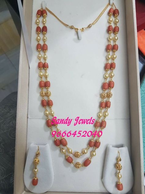 Gold coral pearl set necklace earrings Coral Jewellery Design, Coral And Pearl Jewellery, Pearl And Coral Gold Chain, Coral And Pearl Beads Jewellery, Gold Pearl Jewelry Set, Coral Chain Designs, Coral Gold Jewellery, Coral Studs In Gold, Corals And Pearls Jewellery