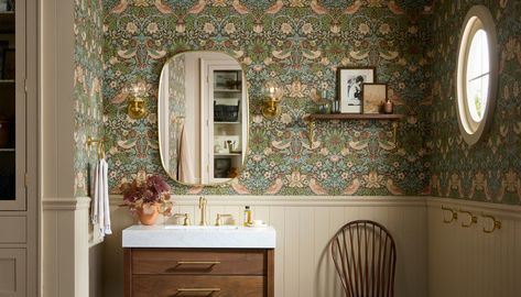 Guest Bath | Rejuvenation Traditional Bathroom Mirrors, Small Bathroom Wallpaper, Scalloped Mirror, Morris Wallpapers, Glass Floats, Strawberry Thief, Beautiful Dining Rooms, Widespread Bathroom Faucet, Wooden Mirror