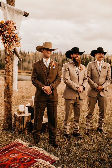 Intimate Fall Colorado Wedding at the Midnight Ranch Fall Country Wedding Groom Attire, Western Groomsmen Attire Brown, Groomsman Western Attire, Men’s Wedding Suit Western, Fall Western Groomsmen Attire, Country Groom Outfit, Groom Cowboy Wedding Outfit, Country Wedding Groom Outfit, November Groomsmen Attire